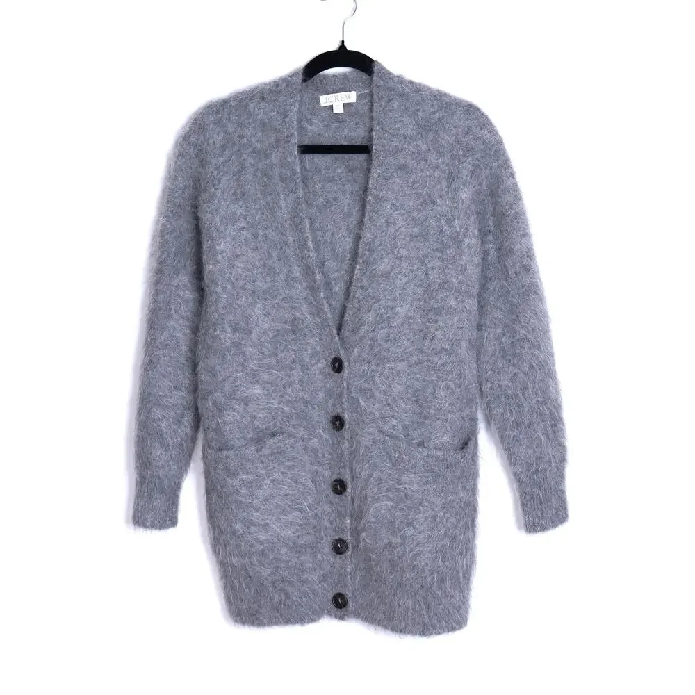 J. CREW Relaxed V Neck Cardigan Sweater Ash Gray Brushed Yarn Women's 2XS